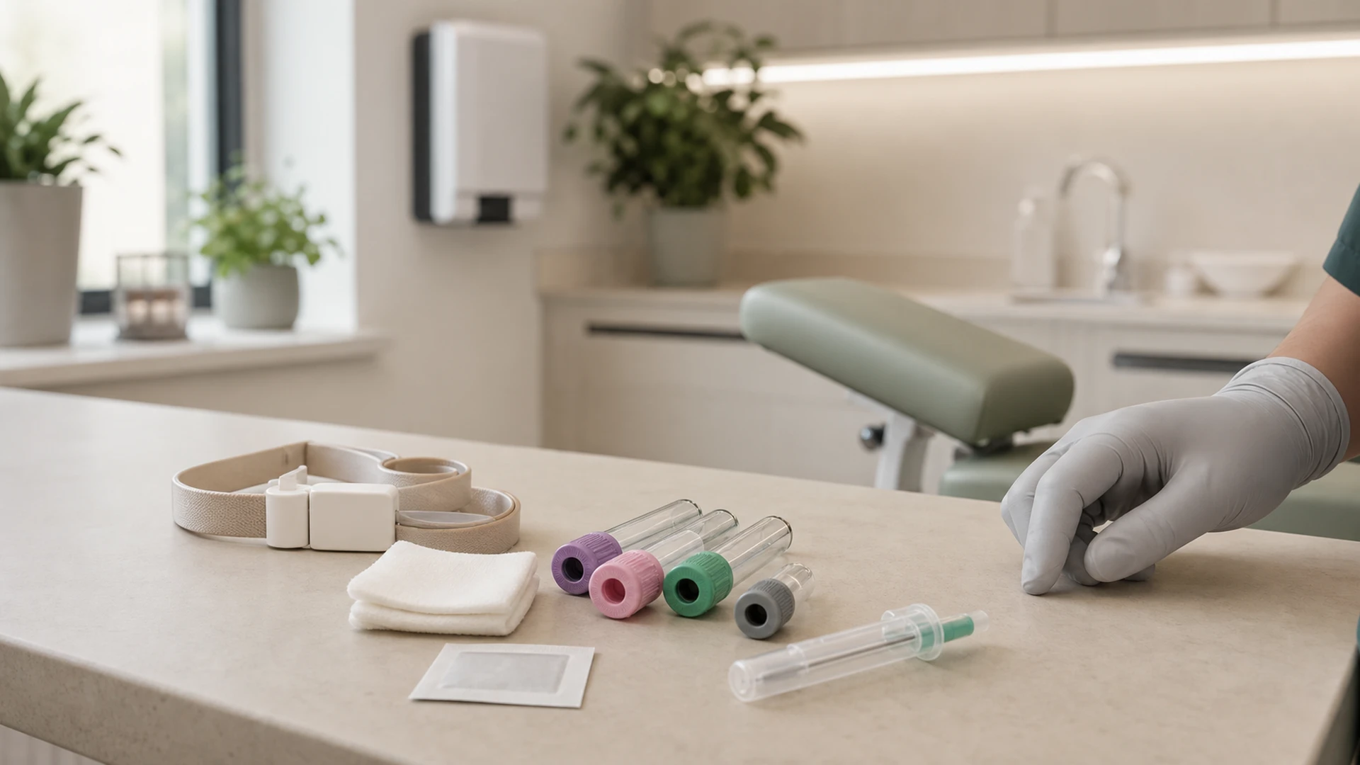 Blood-draw equipment laid out on a clinic bench