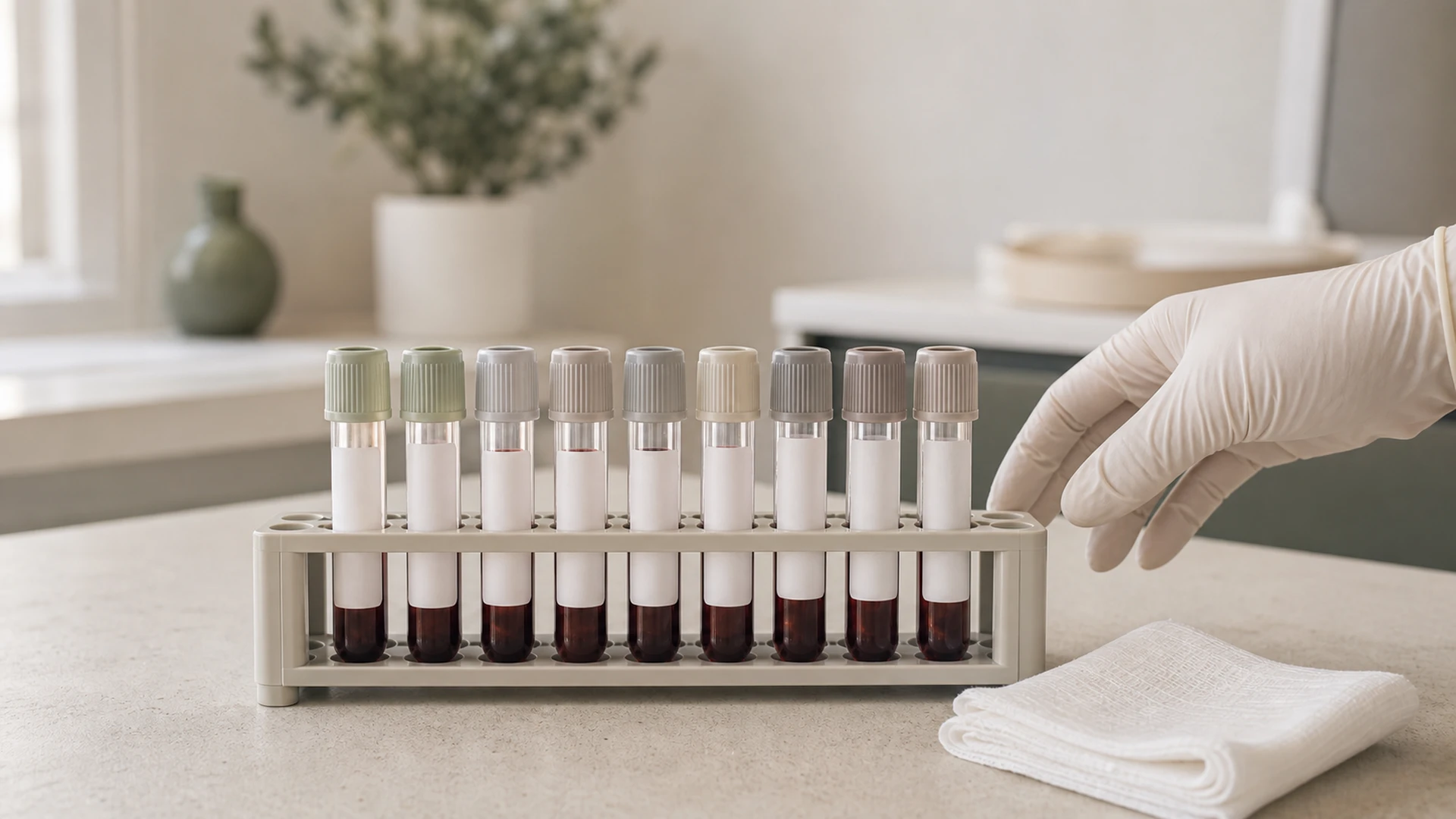 A rack of blood sample tubes on a clinic surface