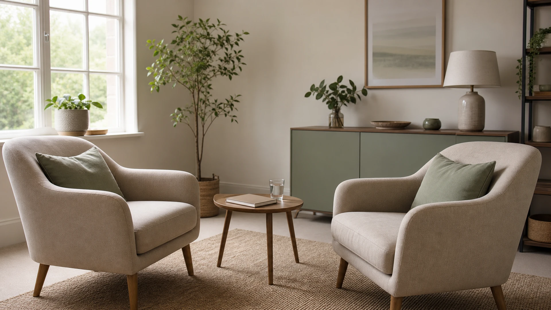 A calm consultation room with two chairs