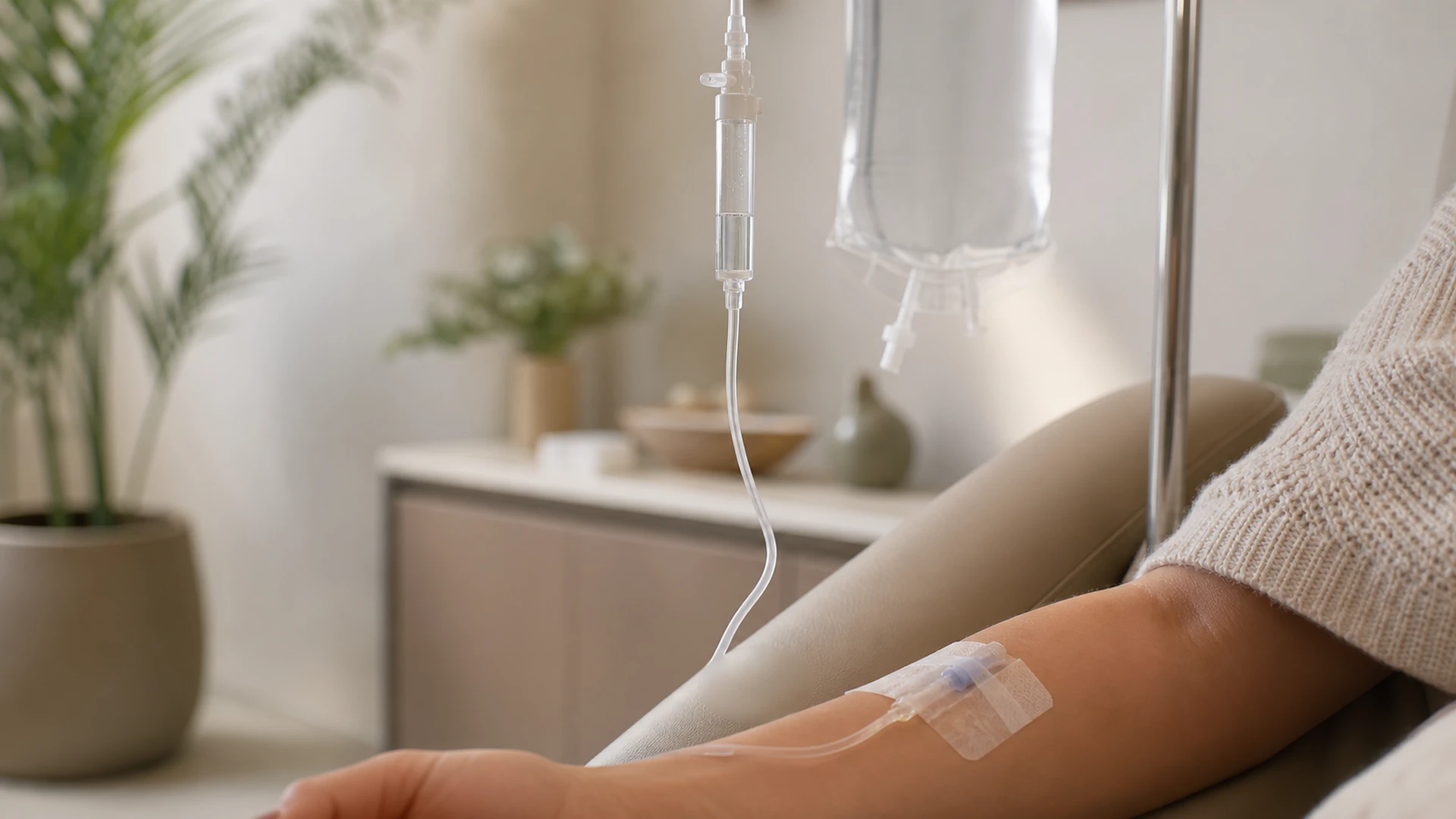 An intravenous drip line and infusion bag