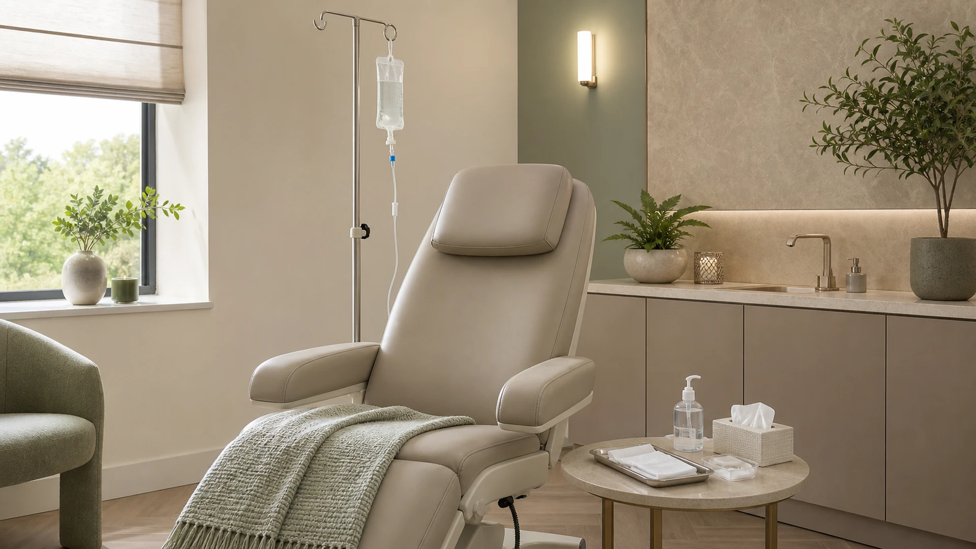 The IV therapy room with a reclining infusion chair