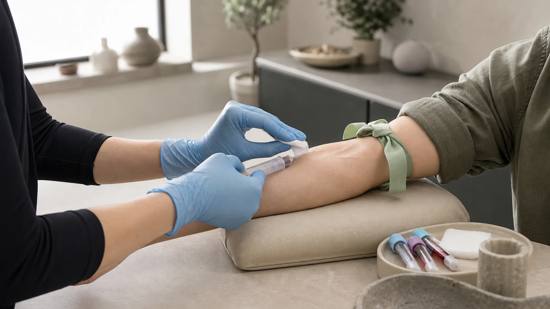 A clinician in gloves taking a blood sample at the clinic