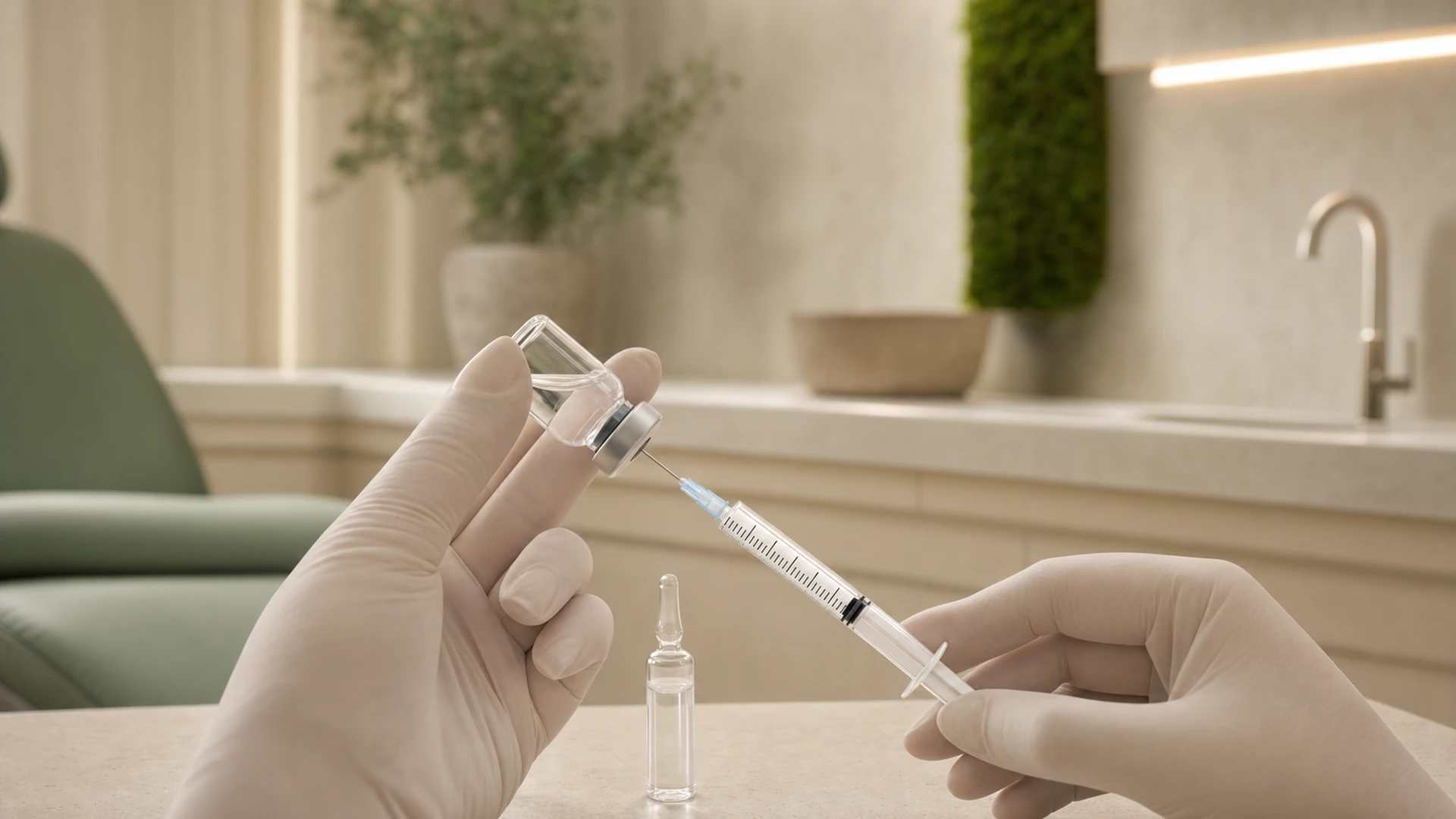 Gloved hands preparing a vial and syringe at the clinic